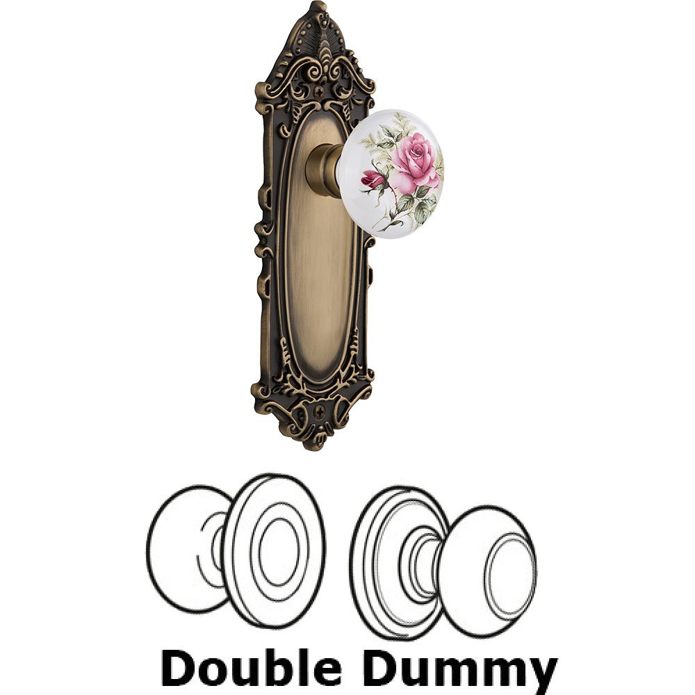 Nostalgic Warehouse Double Dummy - Victorian Plate with Rose Porcelain Knob without keyhole in Antique Brass
