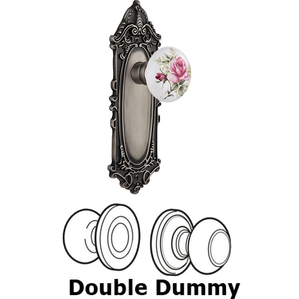 Nostalgic Warehouse Double Dummy - Victorian Plate with Rose Porcelain Knob without keyhole in Antique Pewter