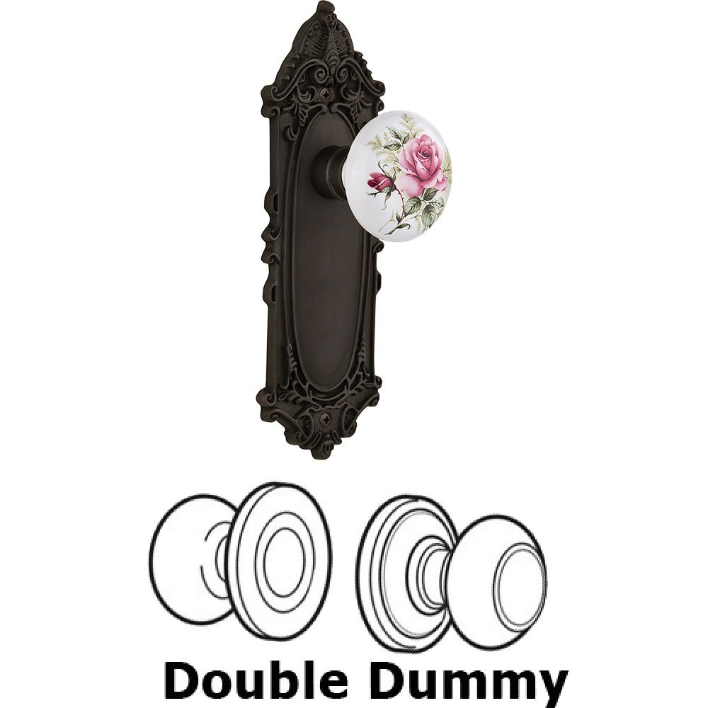 Nostalgic Warehouse Double Dummy - Victorian Plate with Rose Porcelain Knob without keyhole in Oil Rubbed Bronze
