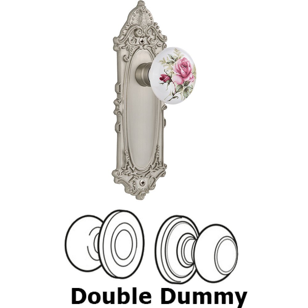 Nostalgic Warehouse Double Dummy - Victorian Plate with Rose Porcelain Knob without keyhole in Satin Nickel