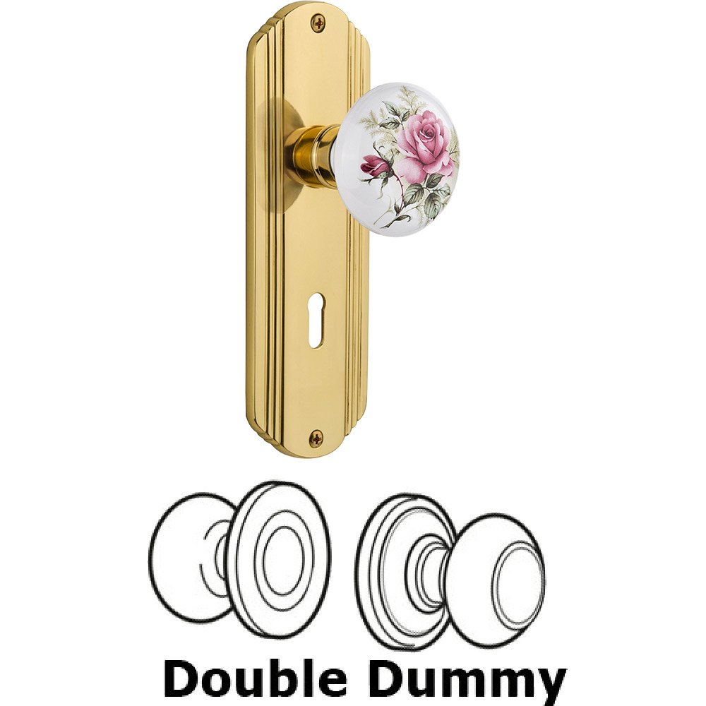 Nostalgic Warehouse Double Dummy - Deco Plate with Rose Porcelain Knob with Keyhole in Polished Brass
