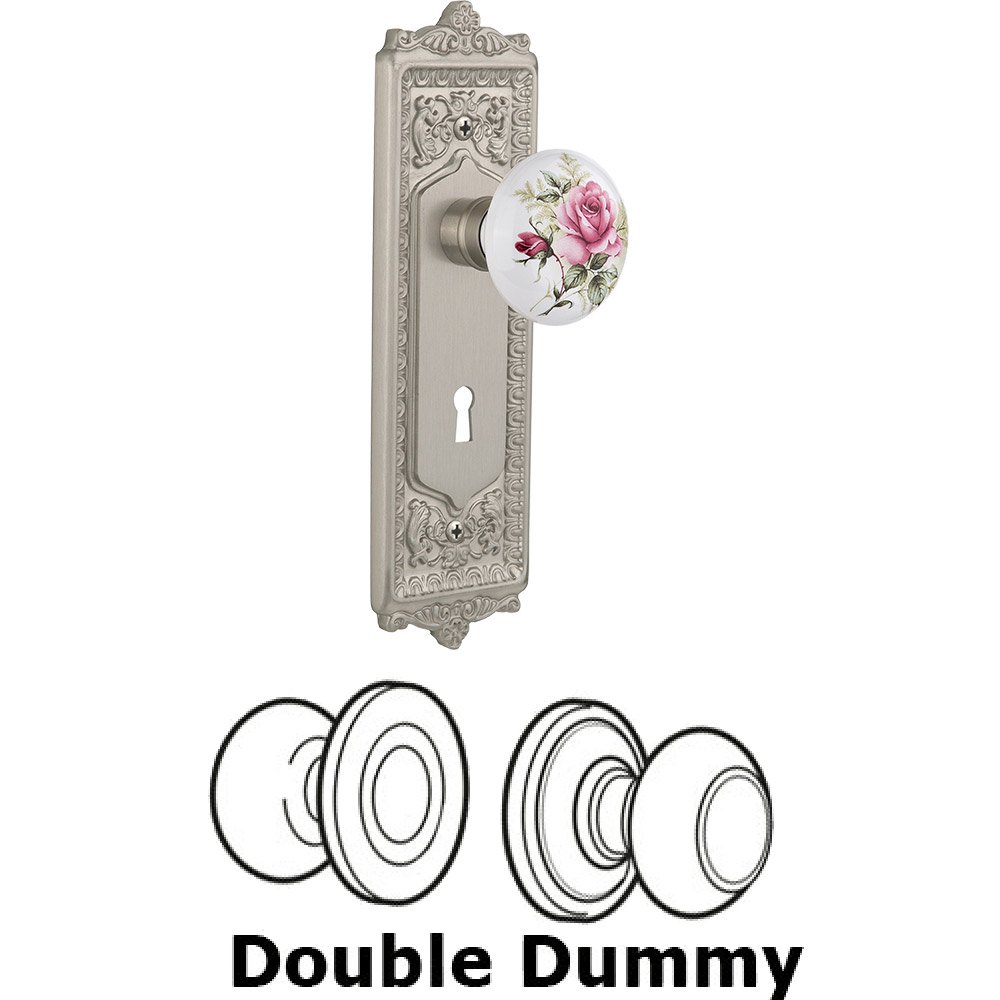 Nostalgic Warehouse Double Dummy - Egg and Dart Plate with Rose Porcelain Knob with Keyhole in Satin Nickel