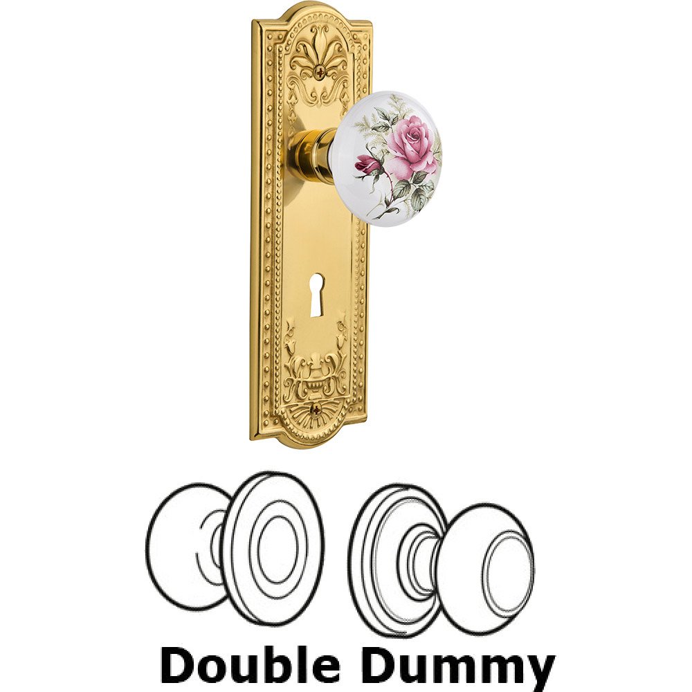 Nostalgic Warehouse Double Dummy - Meadows Plate with Rose Porcelain Knob with Keyhole in Polished Brass