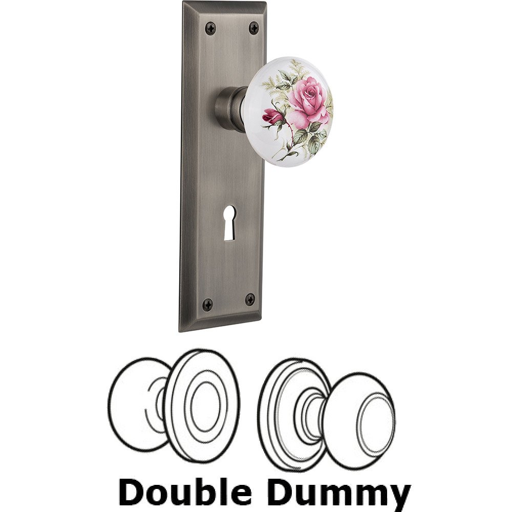 Nostalgic Warehouse Double Dummy - New York Plate with Rose Porcelain Knob with Keyhole in Antique Pewter