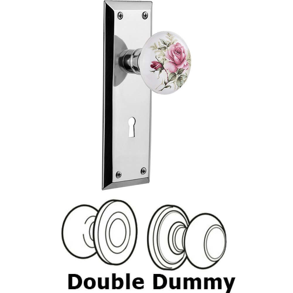 Nostalgic Warehouse Double Dummy - New York Plate with Rose Porcelain Knob with Keyhole in Bright Chrome