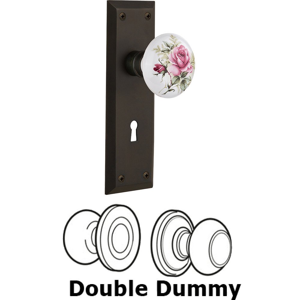 Nostalgic Warehouse Double Dummy - New York Plate with Rose Porcelain Knob with Keyhole in Oil Rubbed Bronze