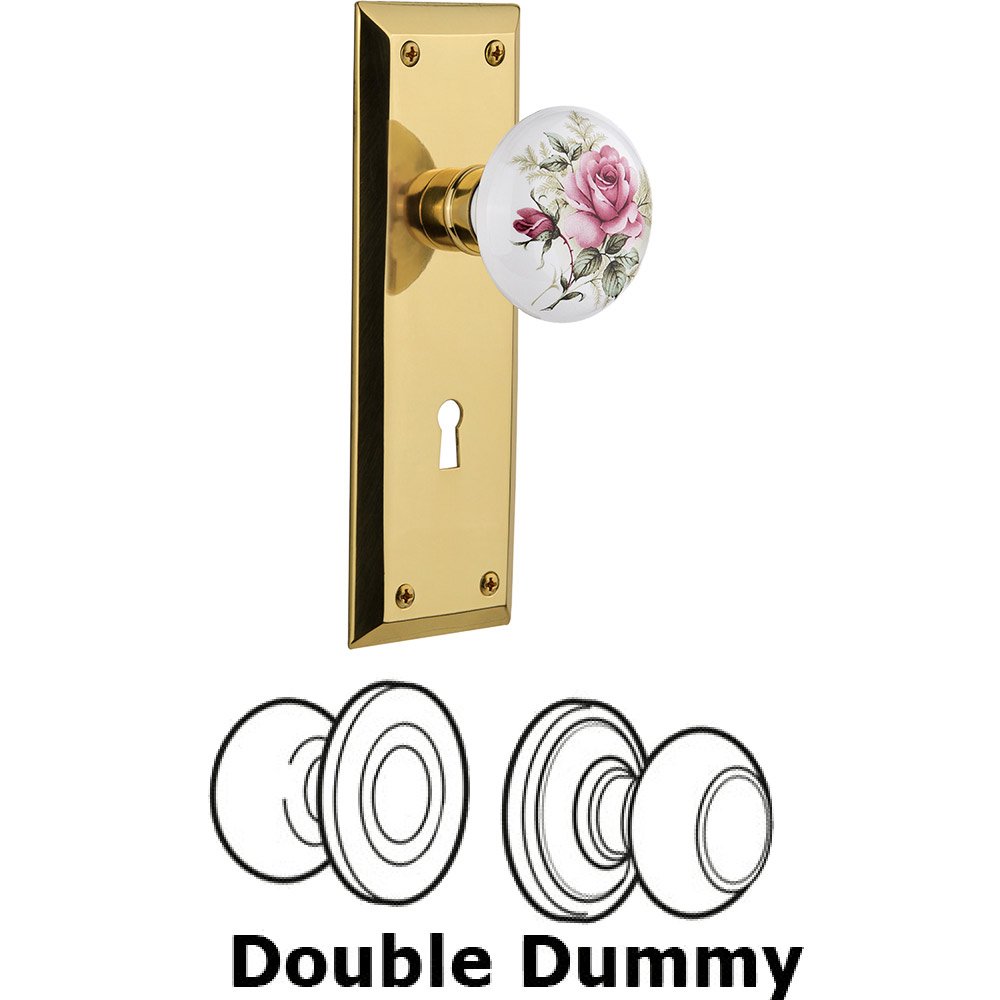 Nostalgic Warehouse Double Dummy - New York Plate with Rose Porcelain Knob with Keyhole in Polished Brass