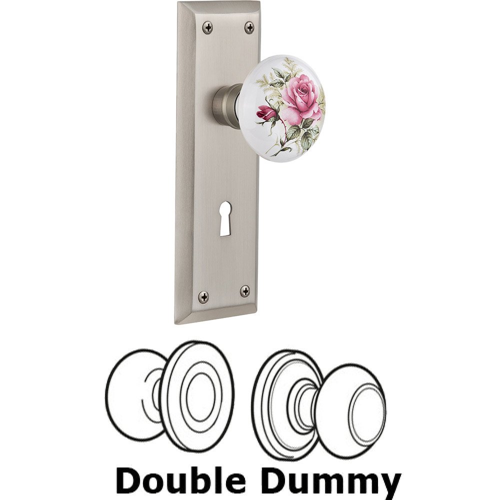 Nostalgic Warehouse Double Dummy - New York Plate with Rose Porcelain Knob with Keyhole in Satin Nickel