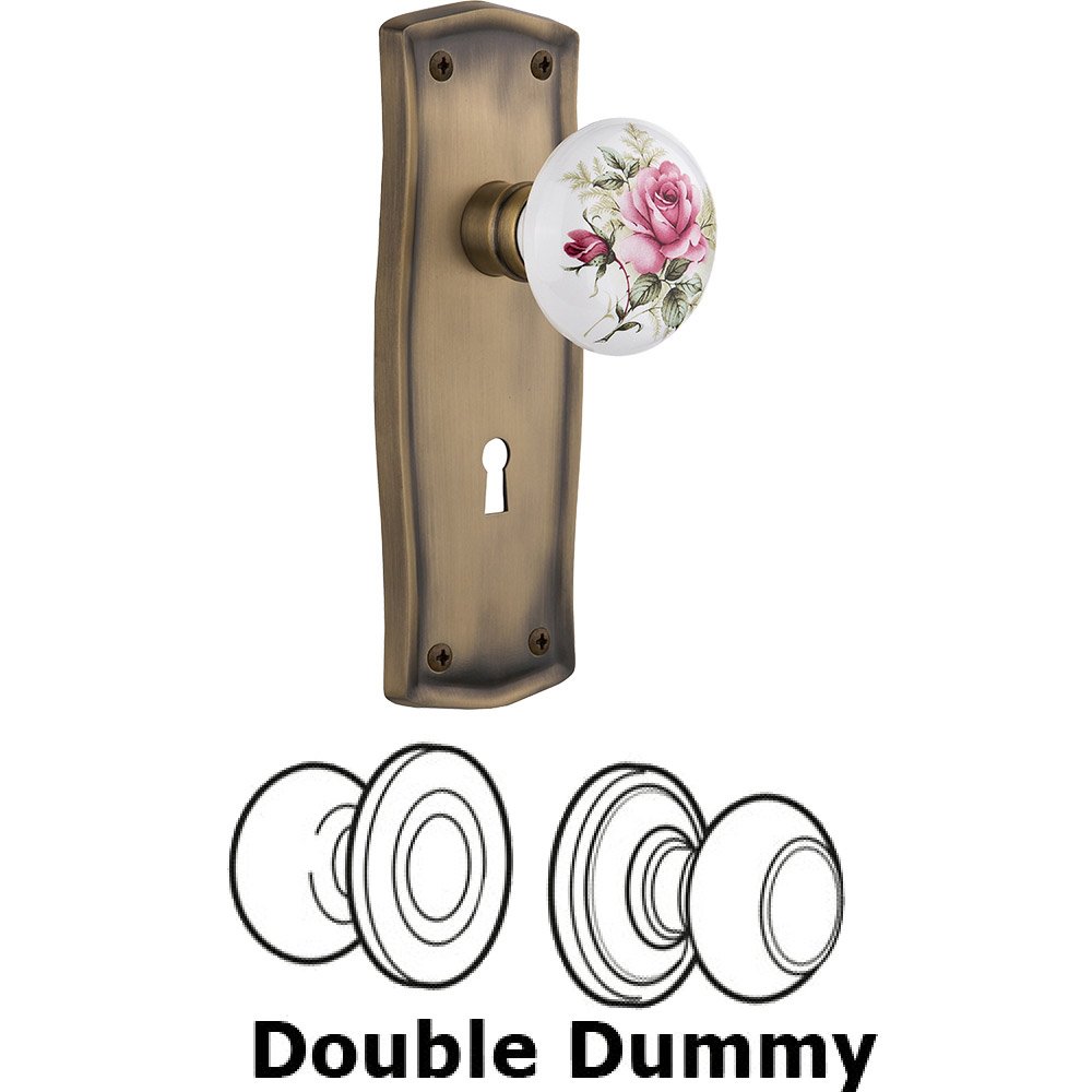 Nostalgic Warehouse Double Dummy - Prairie Plate with Rose Porcelain Knob with Keyhole in Antique Brass