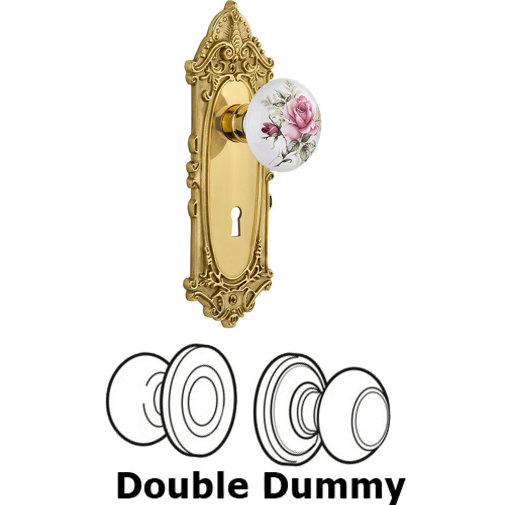 Nostalgic Warehouse Double Dummy - Victorian Plate with Rose Porcelain Knob with keyhole in Polished Brass