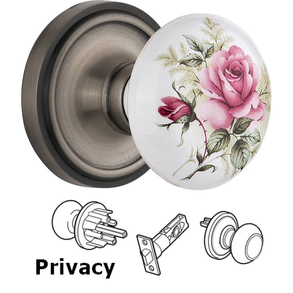 Nostalgic Warehouse Privacy Knob - Classic Rose with Rose Porcelain Knob in Antique Pewter
