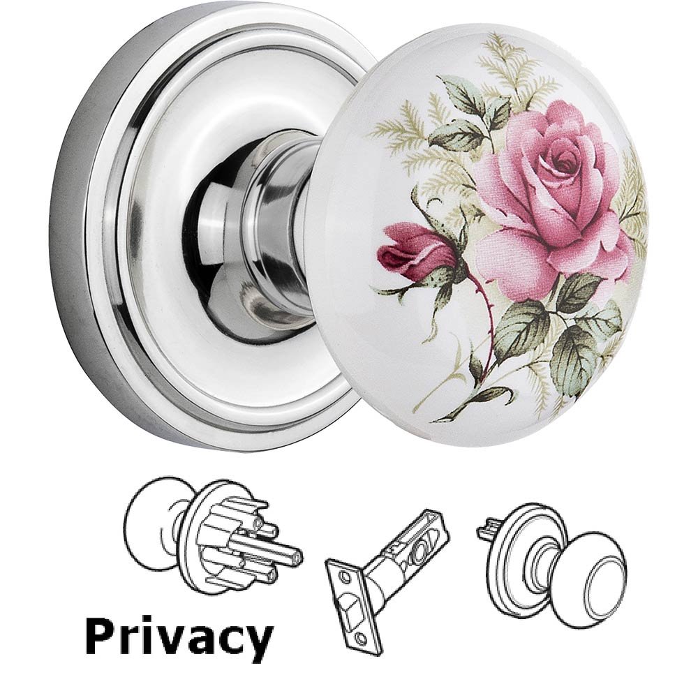 Nostalgic Warehouse Privacy Knob - Classic Rose with Rose Porcelain Knob in Bright Chrome