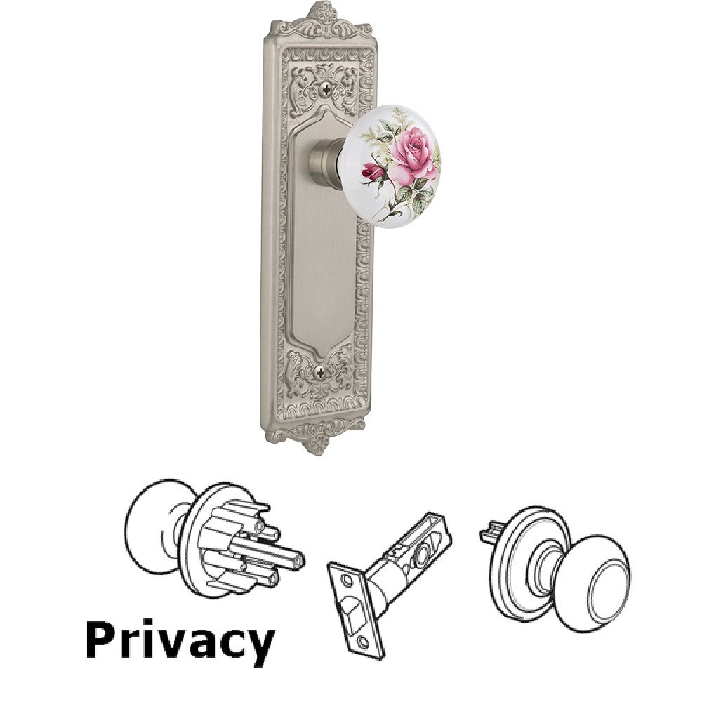 Nostalgic Warehouse Privacy Knob - Egg and Dart Plate with Rose Porcelain Knob without Keyhole in Satin Nickel