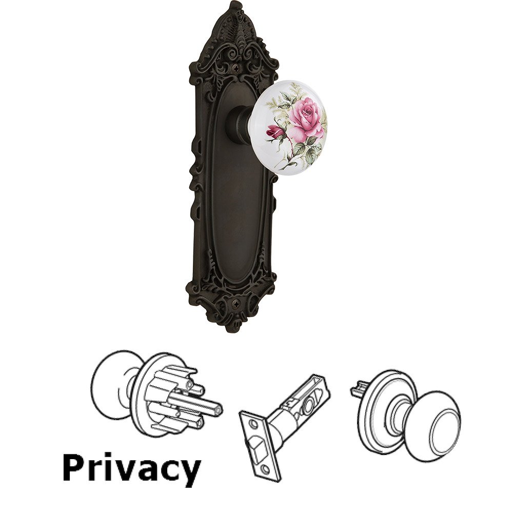 Nostalgic Warehouse Privacy Victorian Plate with White Rose Porcelain Door Knob in Oil-Rubbed Bronze