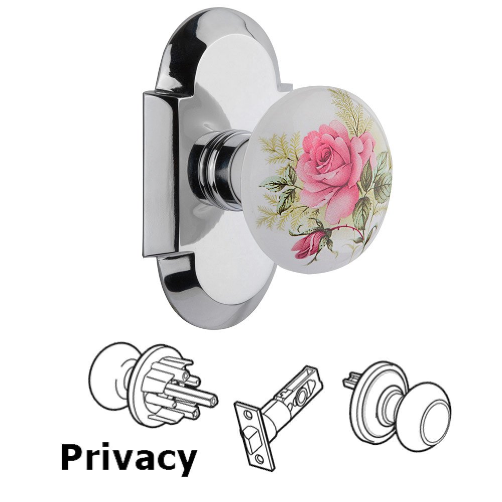 Nostalgic Warehouse Privacy Cottage Plate with White Rose Porcelain Knob in Bright Chrome