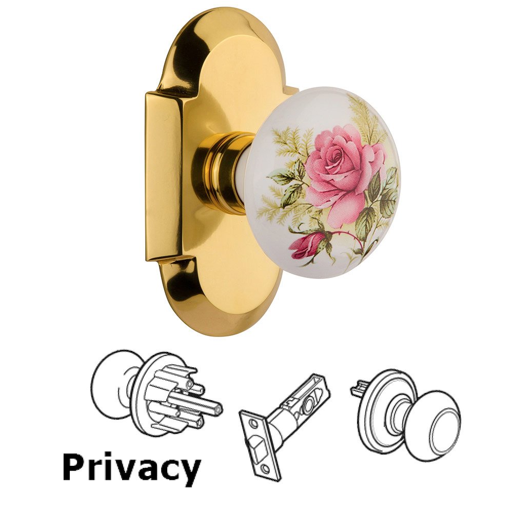 Nostalgic Warehouse Privacy Cottage Plate with White Rose Porcelain Knob in Polished Brass
