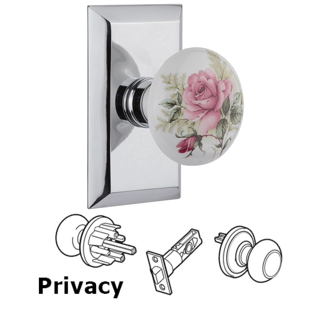 Nostalgic Warehouse Privacy Studio Plate with White Rose Porcelain Knob in Bright Chrome
