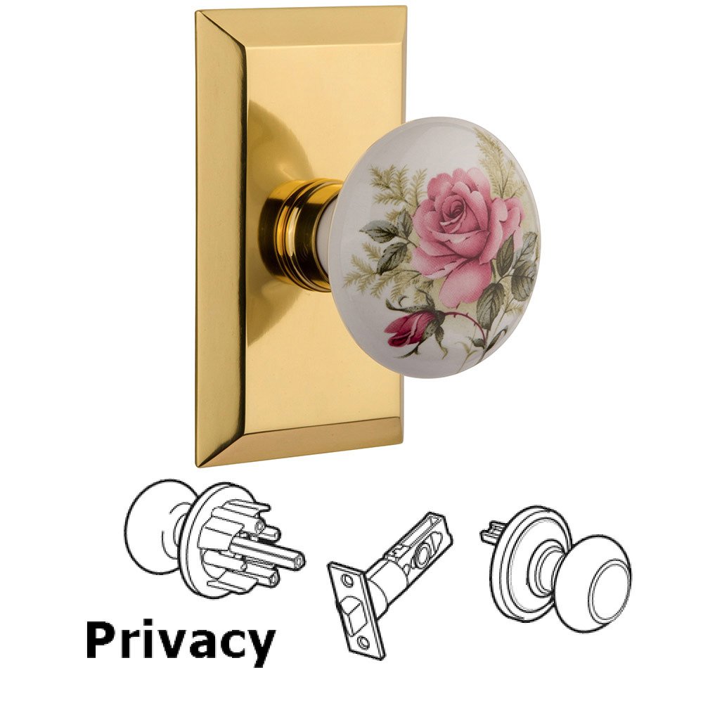 Nostalgic Warehouse Privacy Studio Plate with White Rose Porcelain Knob in Polished Brass