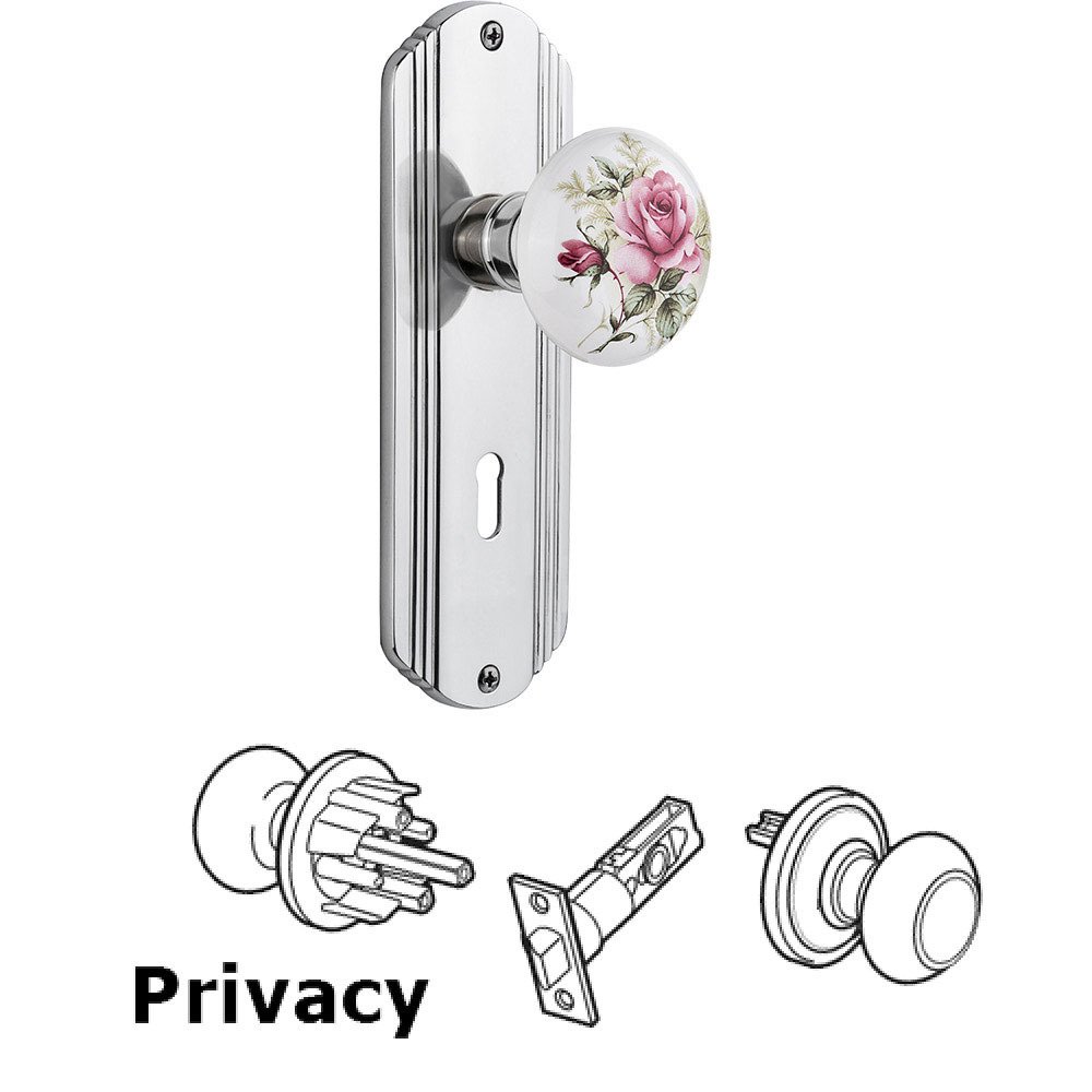Nostalgic Warehouse Privacy Deco Plate with Keyhole and White Rose Porcelain Door Knob in Bright Chrome