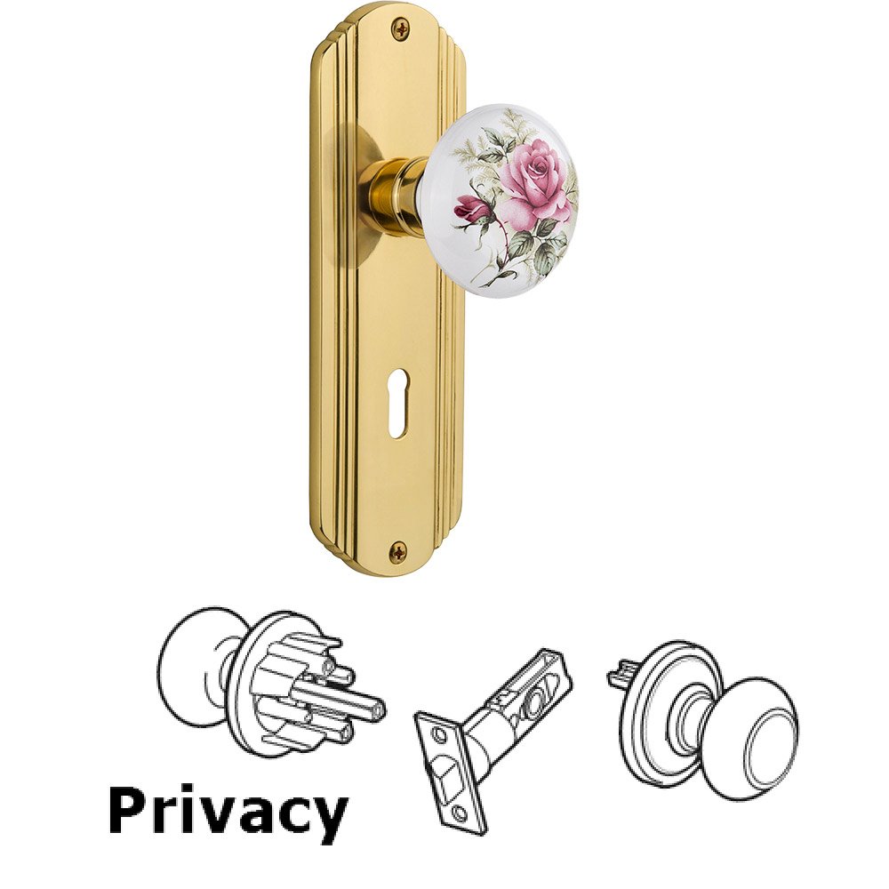 Nostalgic Warehouse Privacy Knob - Deco Plate with Rose Porcelain Knob with Keyhole in Polished Brass