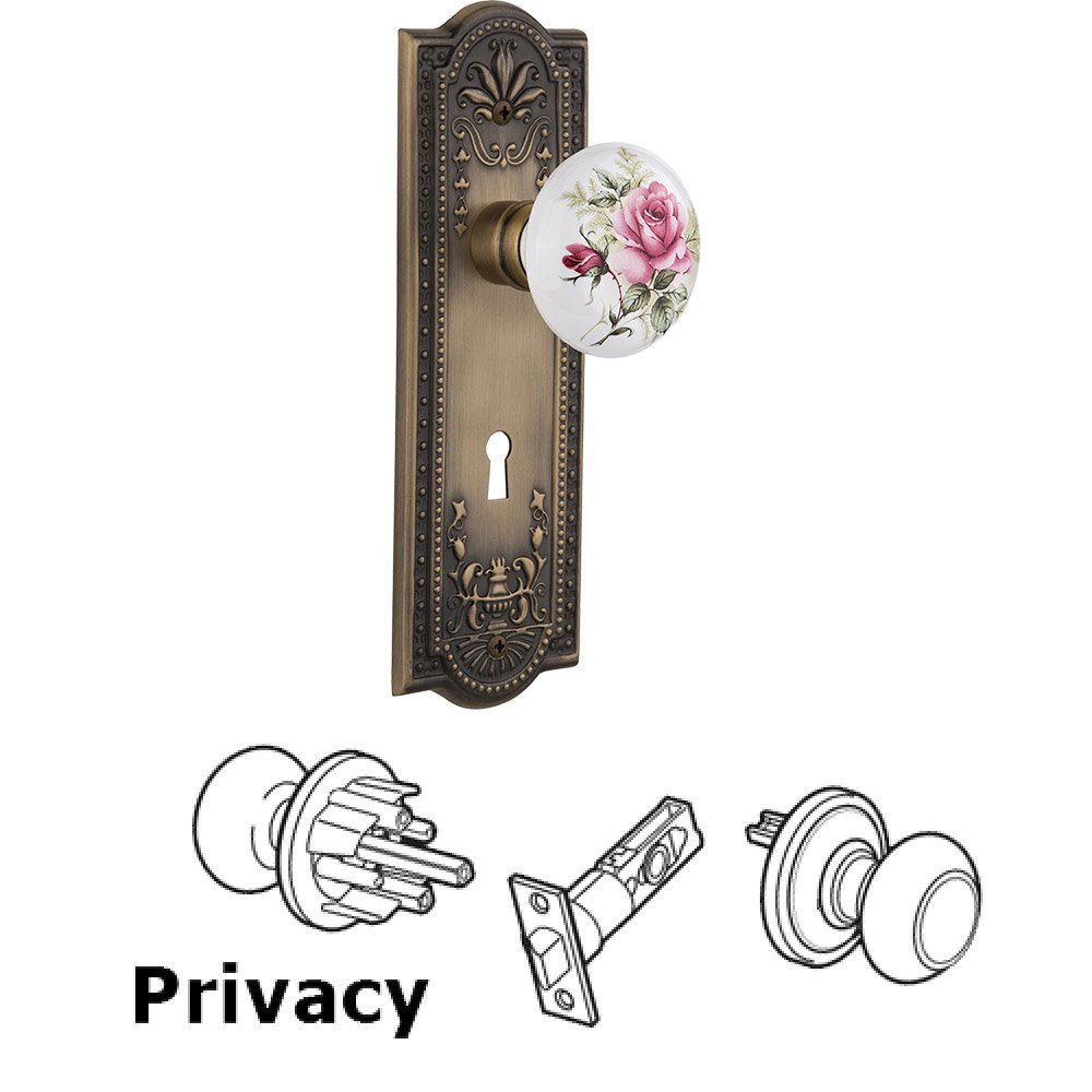 Nostalgic Warehouse Privacy Meadows Plate with Keyhole and White Rose Porcelain Door Knob in Antique Brass