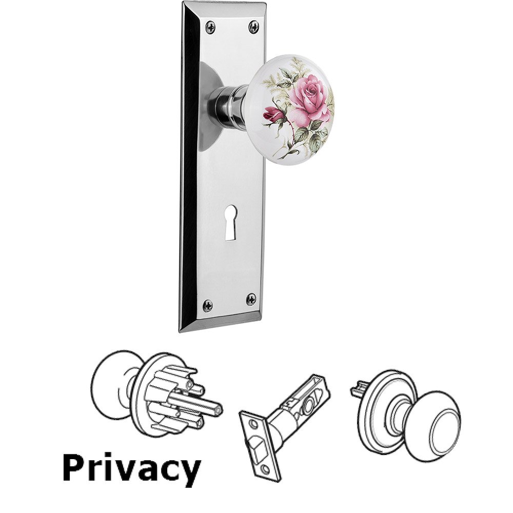 Nostalgic Warehouse Privacy New York Plate with Keyhole and White Rose Porcelain Door Knob in Bright Chrome