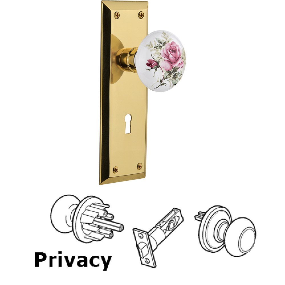Nostalgic Warehouse Privacy Knob - New York Plate with Rose Porcelain Knob with Keyhole in Polished Brass