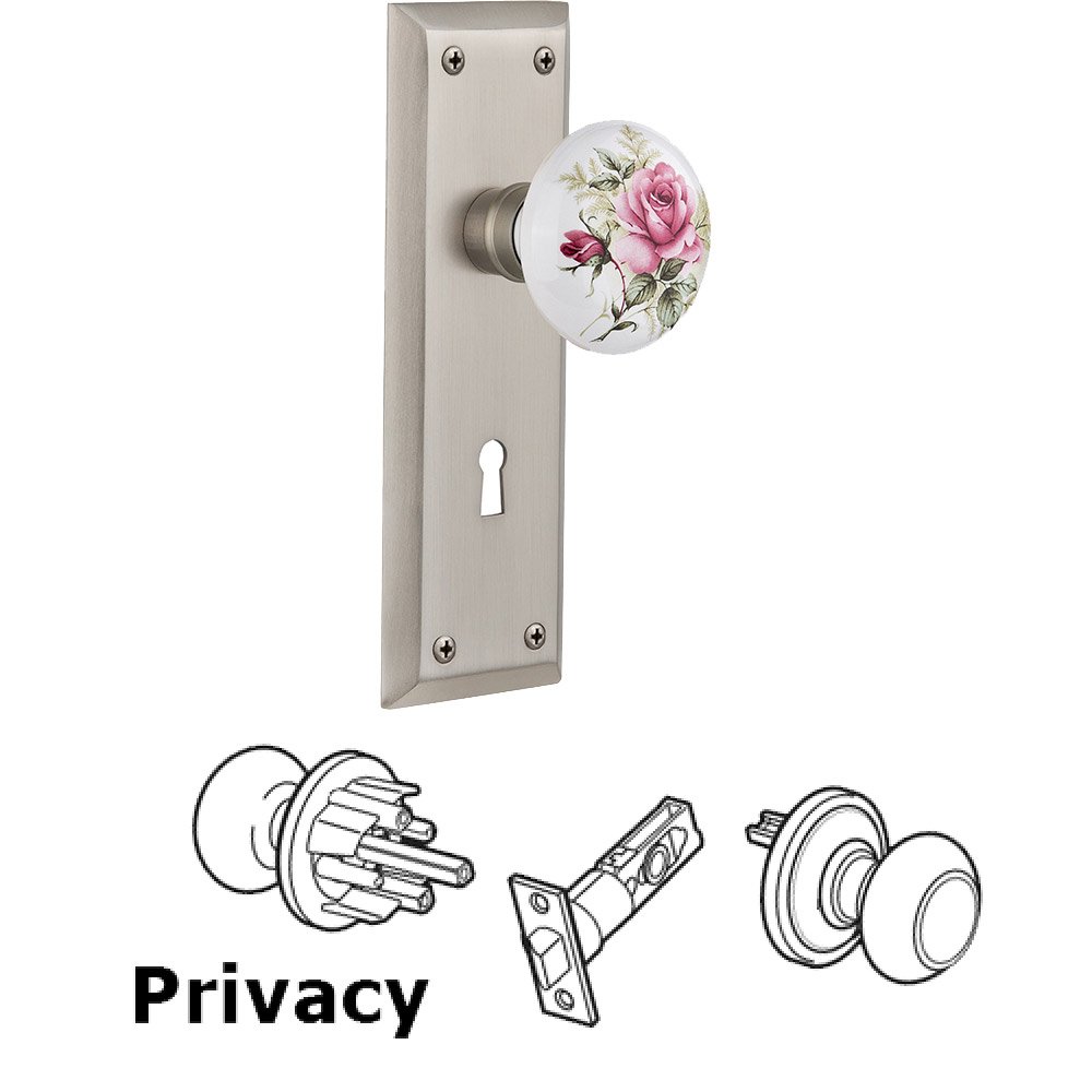 Nostalgic Warehouse Privacy New York Plate with Keyhole and White Rose Porcelain Door Knob in Satin Nickel