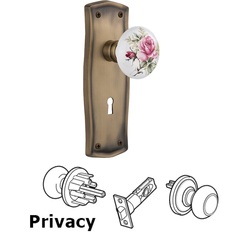 Nostalgic Warehouse Privacy Prairie Plate with Keyhole and White Rose Porcelain Door Knob in Antique Brass