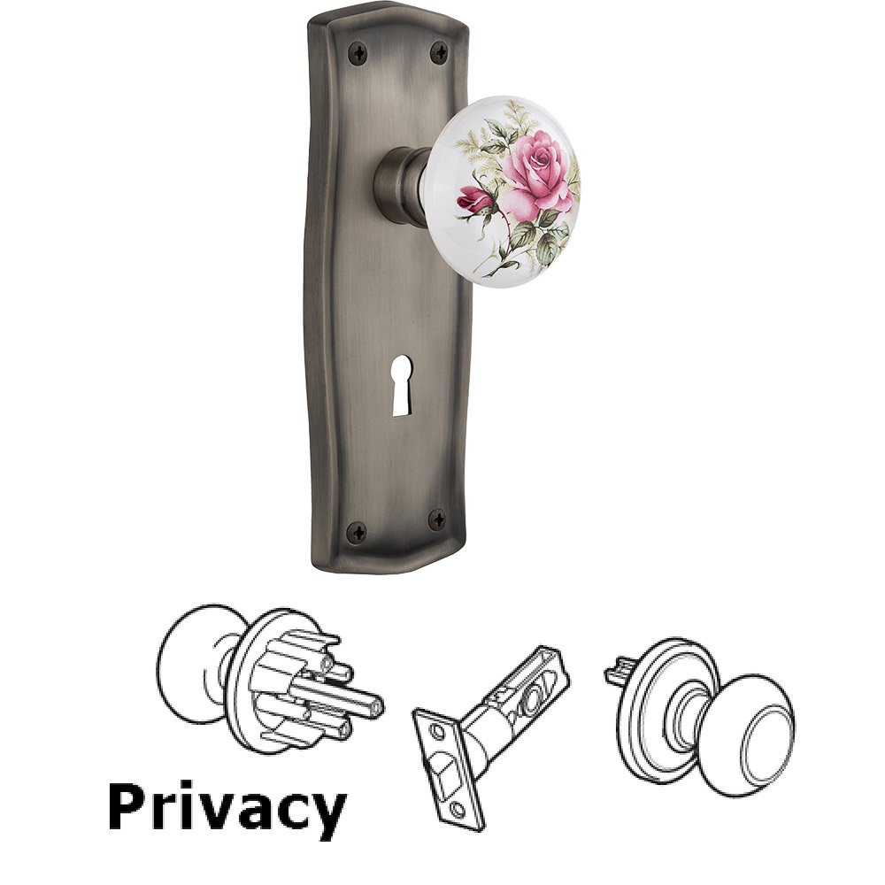 Nostalgic Warehouse Privacy Prairie Plate with Keyhole and White Rose Porcelain Door Knob in Antique Pewter
