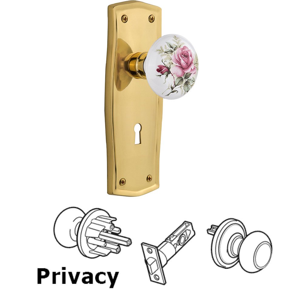 Nostalgic Warehouse Privacy Prairie Plate with Keyhole and White Rose Porcelain Door Knob in Polished Brass