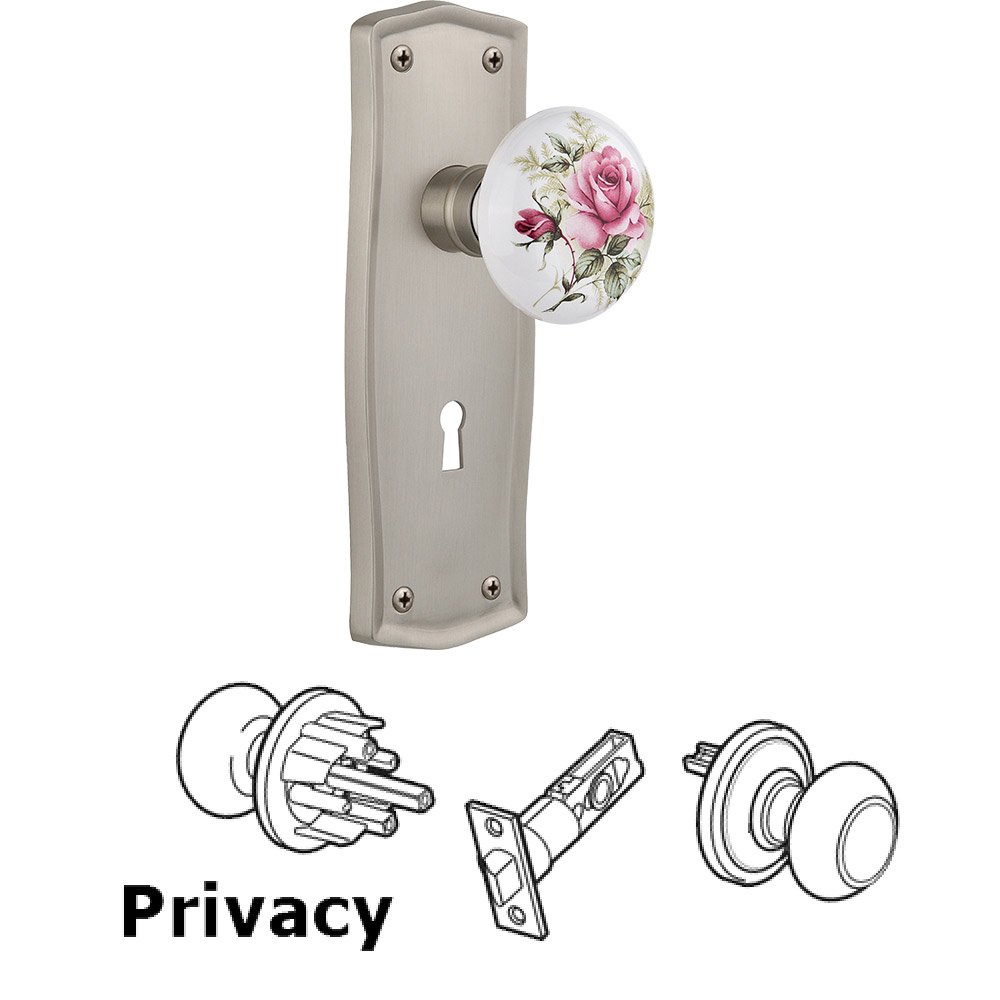 Nostalgic Warehouse Privacy Knob - Prairie Plate with Rose Porcelain Knob with Keyhole in Satin Nickel