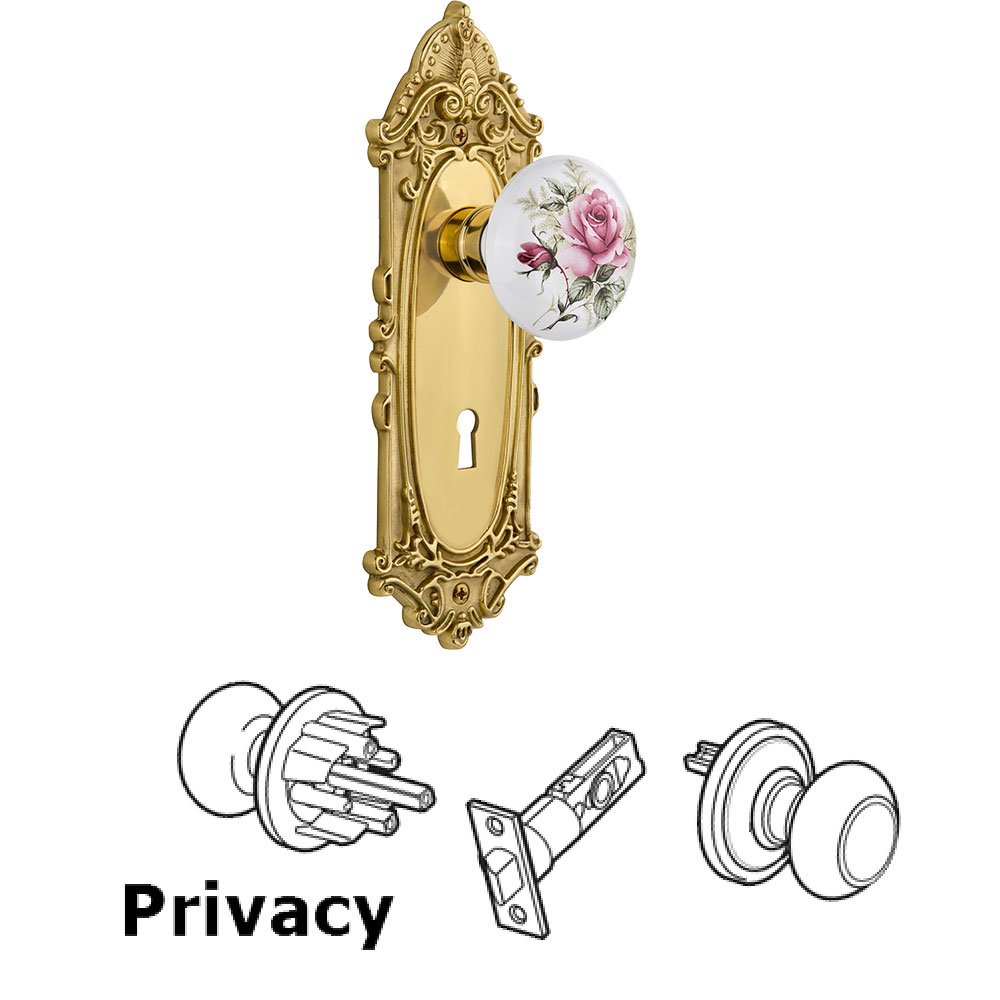 Nostalgic Warehouse Privacy Victorian Plate with Keyhole and White Rose Porcelain Door Knob in Polished Brass