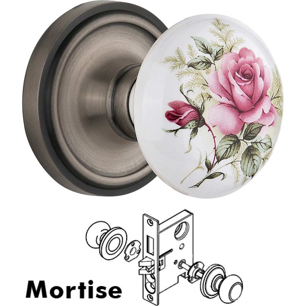 Nostalgic Warehouse Mortise - Classic Rose with Rose Porcelain Knob in Antique Pewter