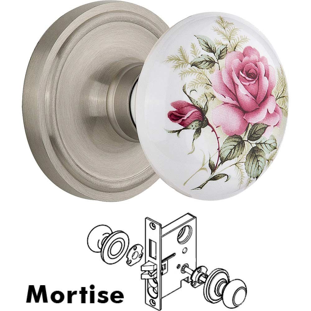 Nostalgic Warehouse Mortise - Classic Rose with Rose Porcelain Knob in Satin Nickel