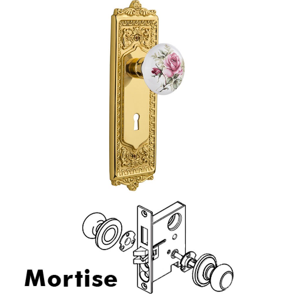 Nostalgic Warehouse Mortise - Egg and Dart Plate with Rose Porcelain Knob with Keyhole in Polished Brass