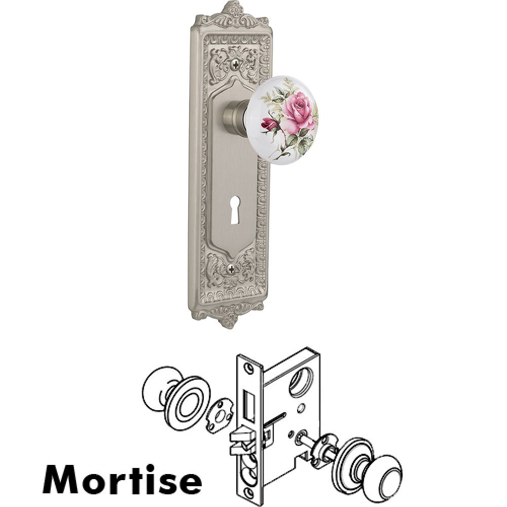 Nostalgic Warehouse Mortise - Egg and Dart Plate with Rose Porcelain Knob with Keyhole in Satin Nickel