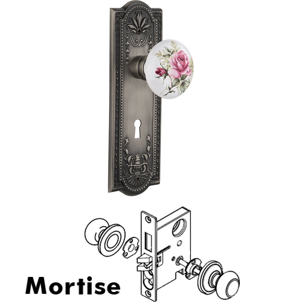 Nostalgic Warehouse Mortise - Meadows Plate with Rose Porcelain Knob with Keyhole in Antique Pewter
