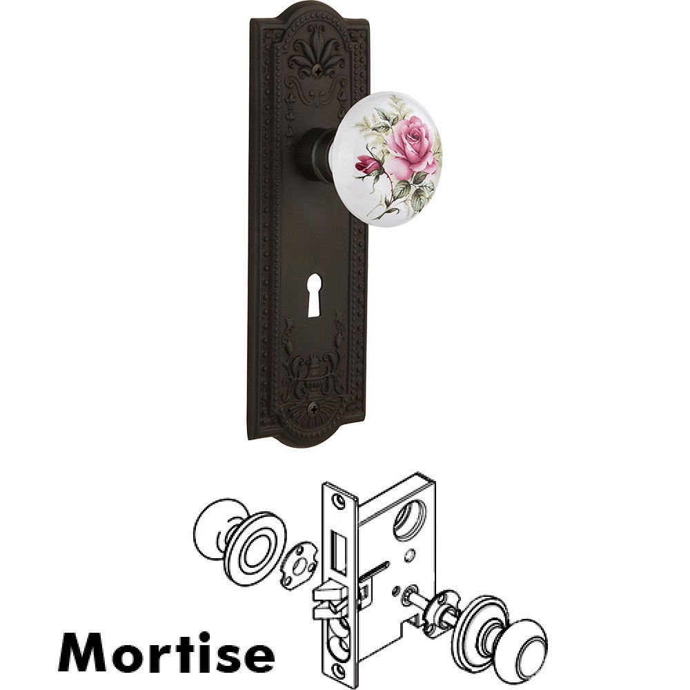 Nostalgic Warehouse Mortise - Meadows Plate with Rose Porcelain Knob with Keyhole in Oil Rubbed Bronze