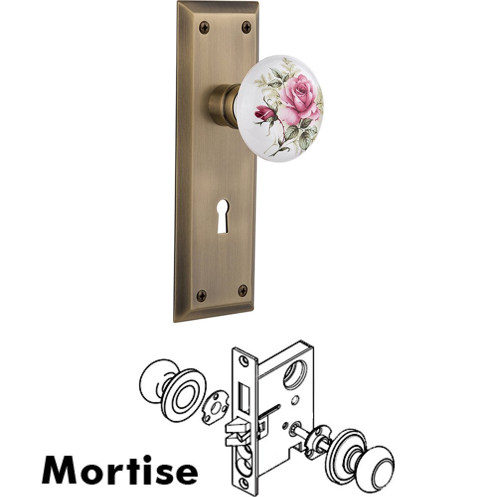 Nostalgic Warehouse Mortise - New York Plate with Rose Porcelain Knob with Keyhole in Antique Brass