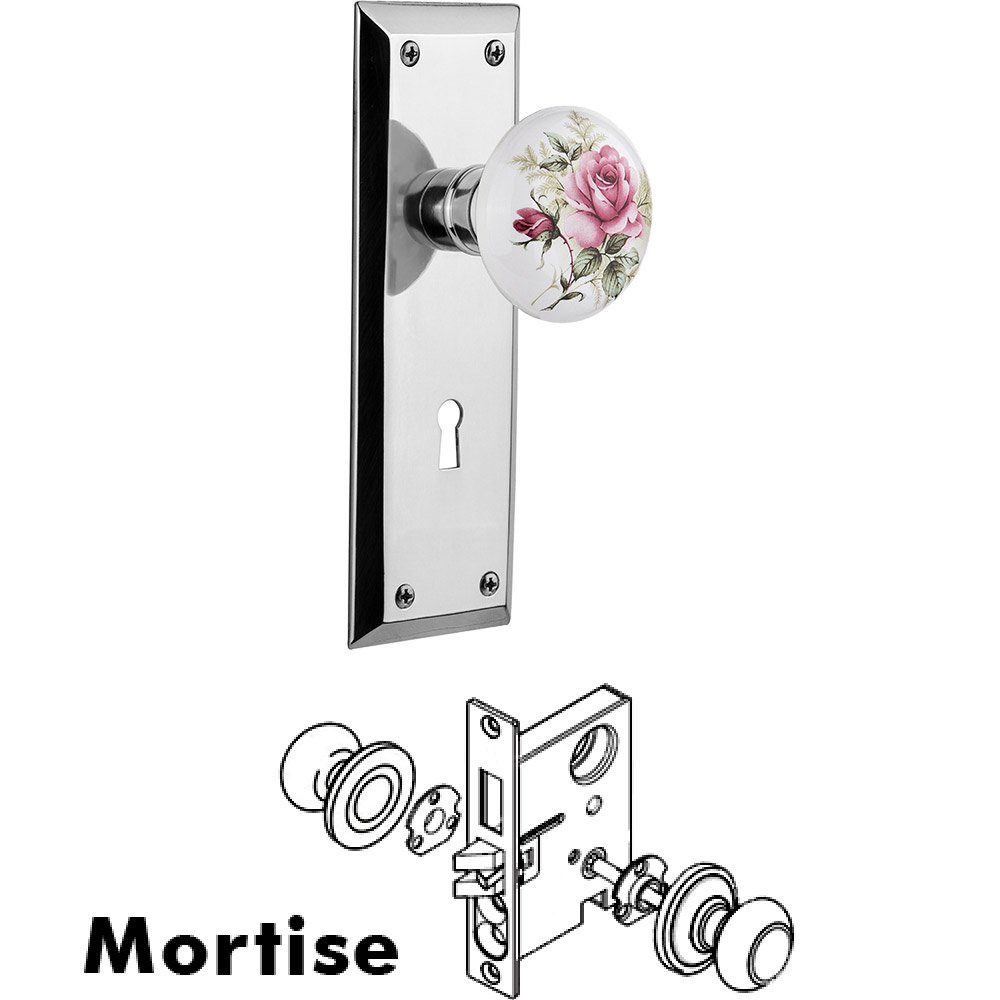 Nostalgic Warehouse Mortise - New York Plate with Rose Porcelain Knob with Keyhole in Bright Chrome