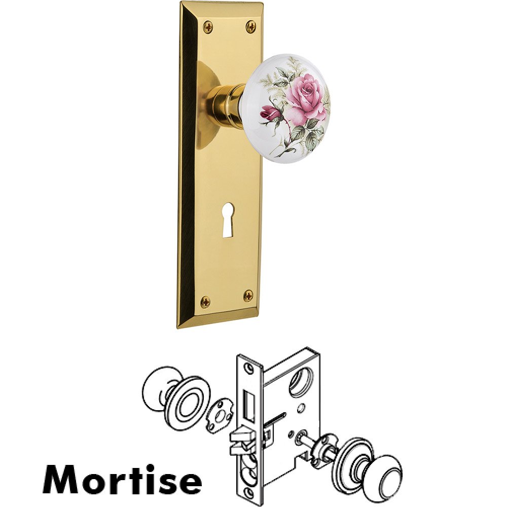 Nostalgic Warehouse Mortise - New York Plate with Rose Porcelain Knob with Keyhole in Polished Brass