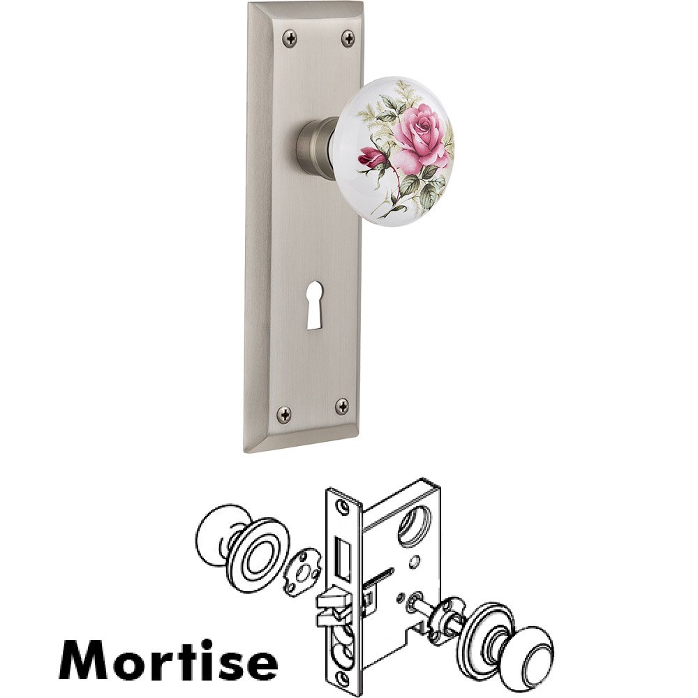 Nostalgic Warehouse Mortise - New York Plate with Rose Porcelain Knob with Keyhole in Satin Nickel