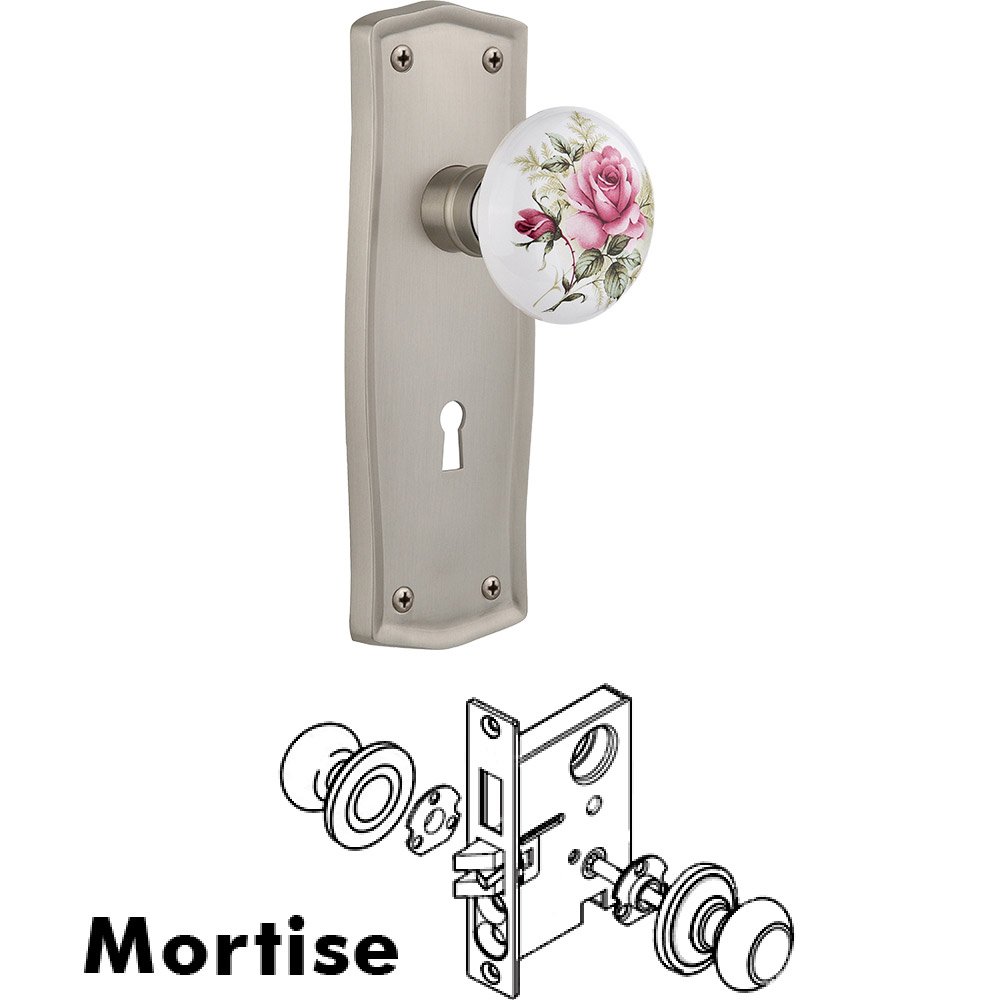 Nostalgic Warehouse Mortise - Prairie Plate with Rose Porcelain Knob with Keyhole in Satin Nickel