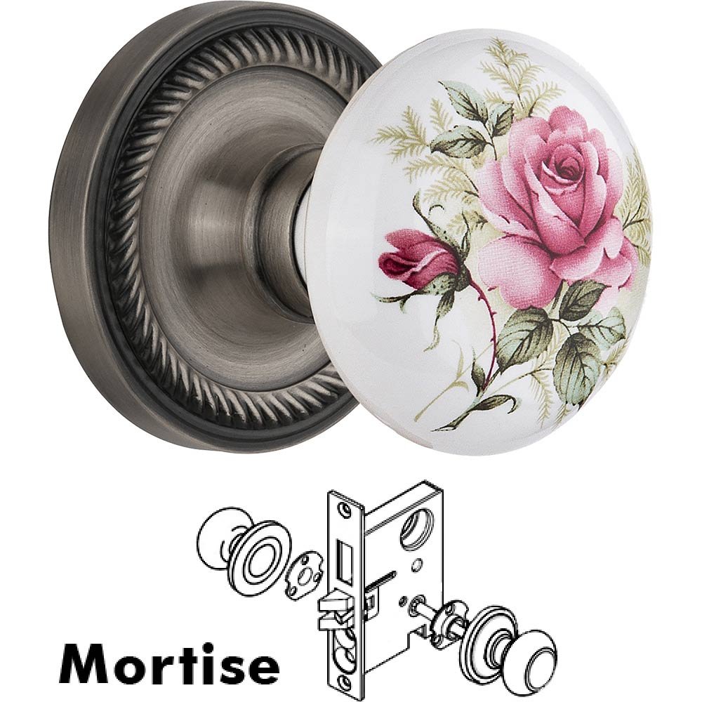 Nostalgic Warehouse Mortise - Rope Rose with Rose Porcelain Knob in Antique Pewter
