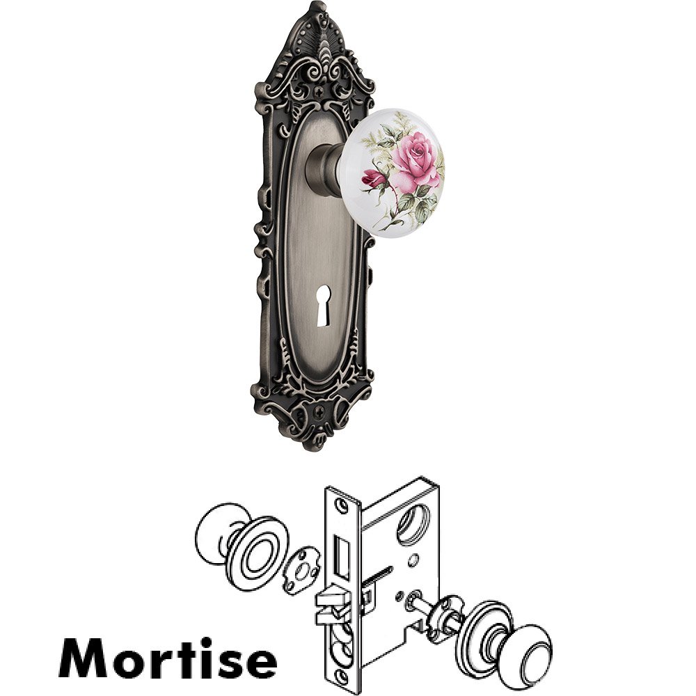 Nostalgic Warehouse Mortise - Victorian Plate with Rose Porcelain Knob with keyhole in Antique Pewter