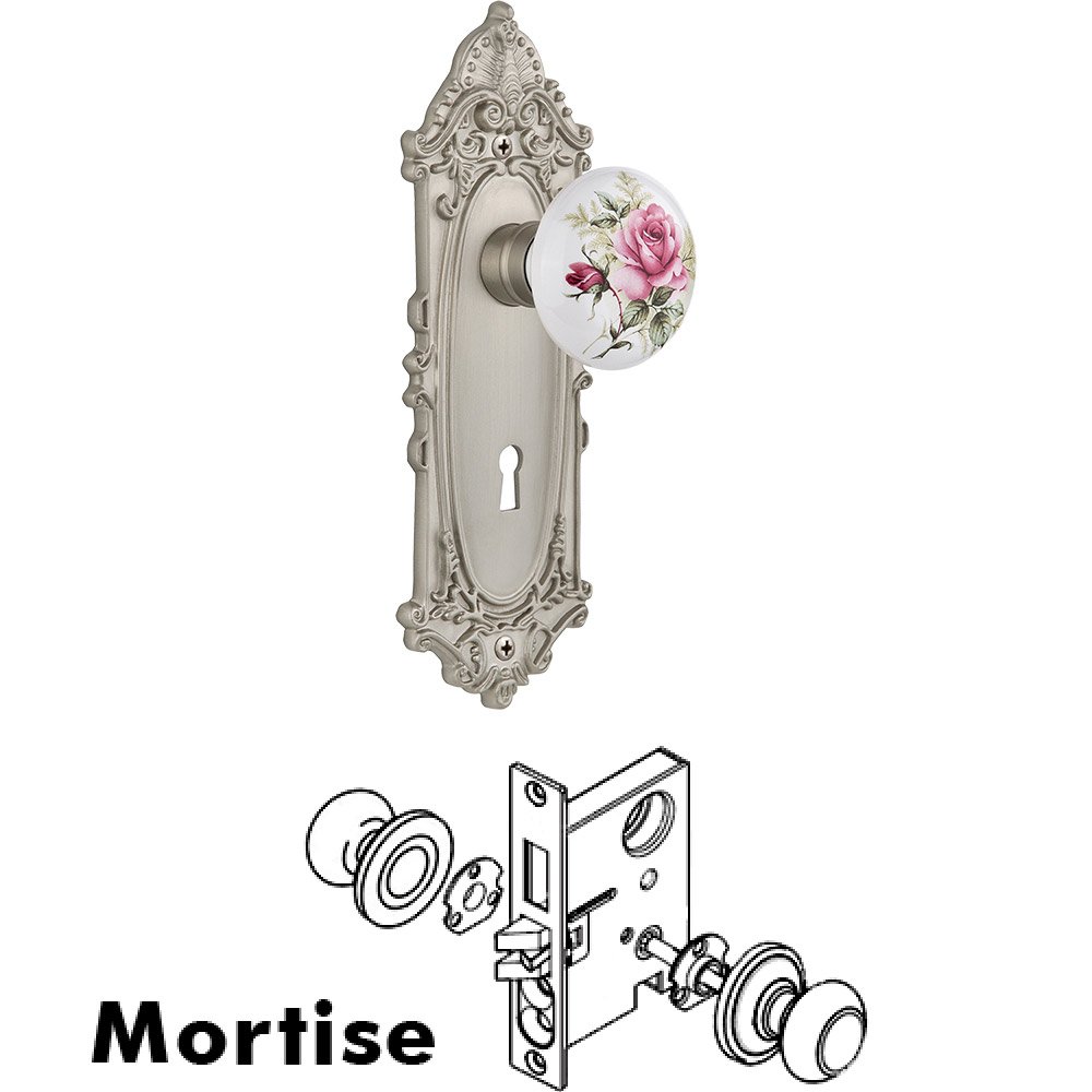 Nostalgic Warehouse Mortise - Victorian Plate with Rose Porcelain Knob with keyhole in Satin Nickel