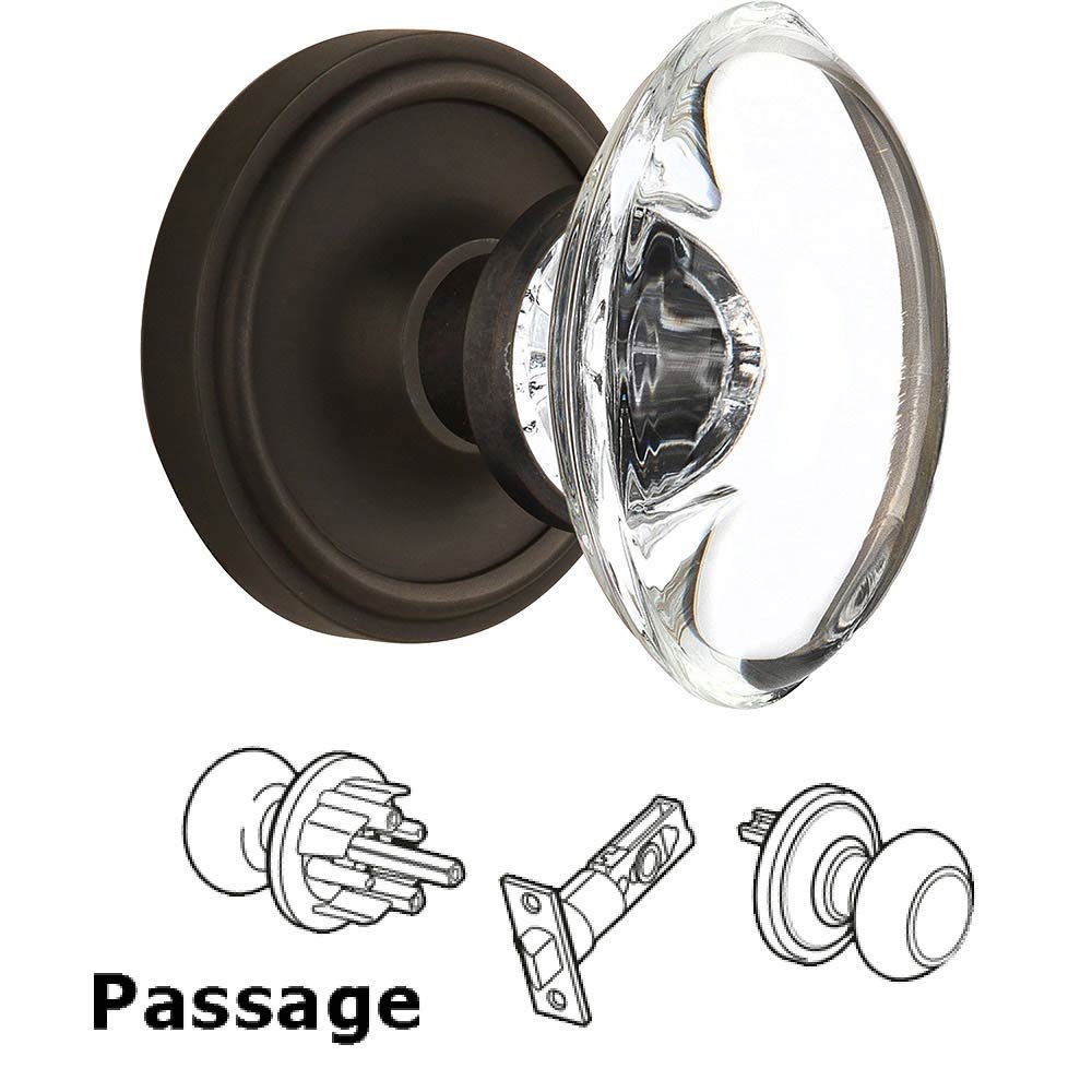 Nostalgic Warehouse Passage Knob - Classic Rose with Oval Clear Crystal Knob in Oil Rubbed Bronze