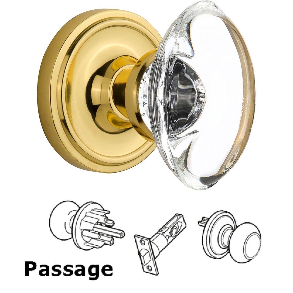 Nostalgic Warehouse Passage Knob - Classic Rose with Oval Clear Crystal Knob in Polished Brass