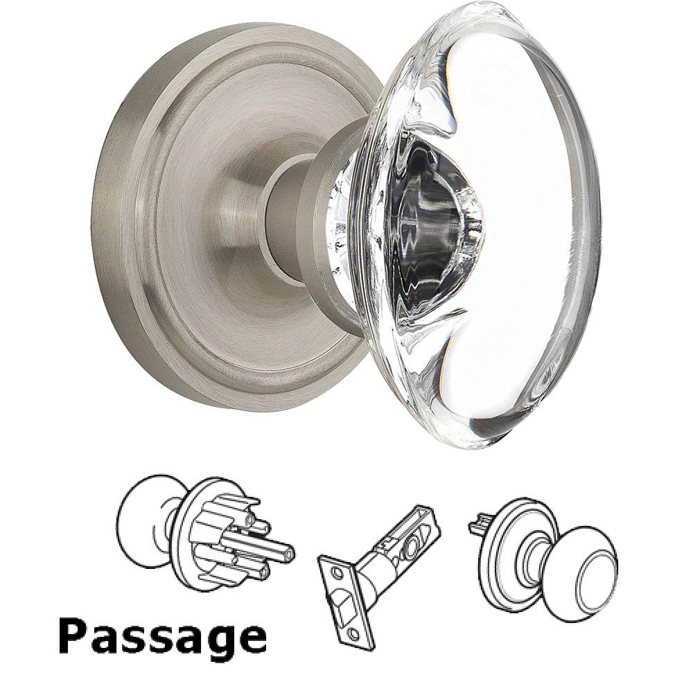 Nostalgic Warehouse Passage Knob - Classic Rose with Oval Clear Crystal Knob in Satin Nickel